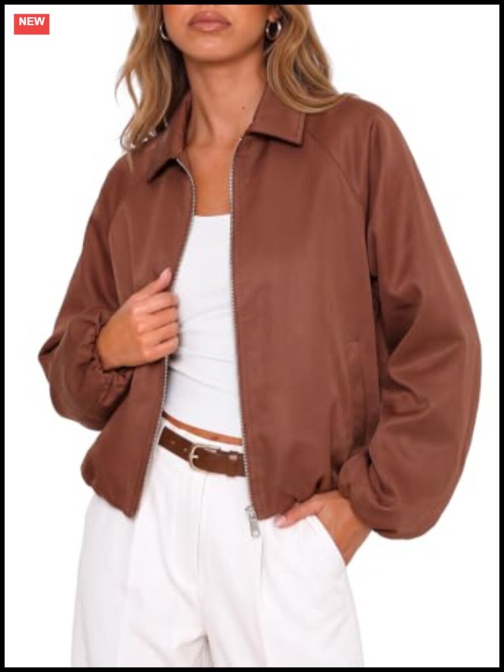 Dokotoo Women's Cropped Zip-Up Bomber Jacket Long Sleeve Fall Casual Coat